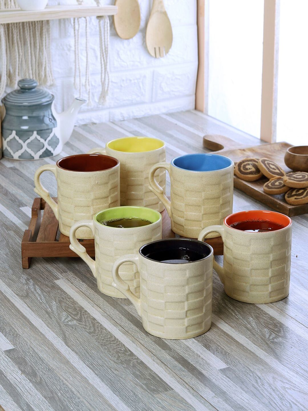 CDI 6 Pieces Beige & Multicoloured Textured Ceramic Matte Mugs Set Price in India