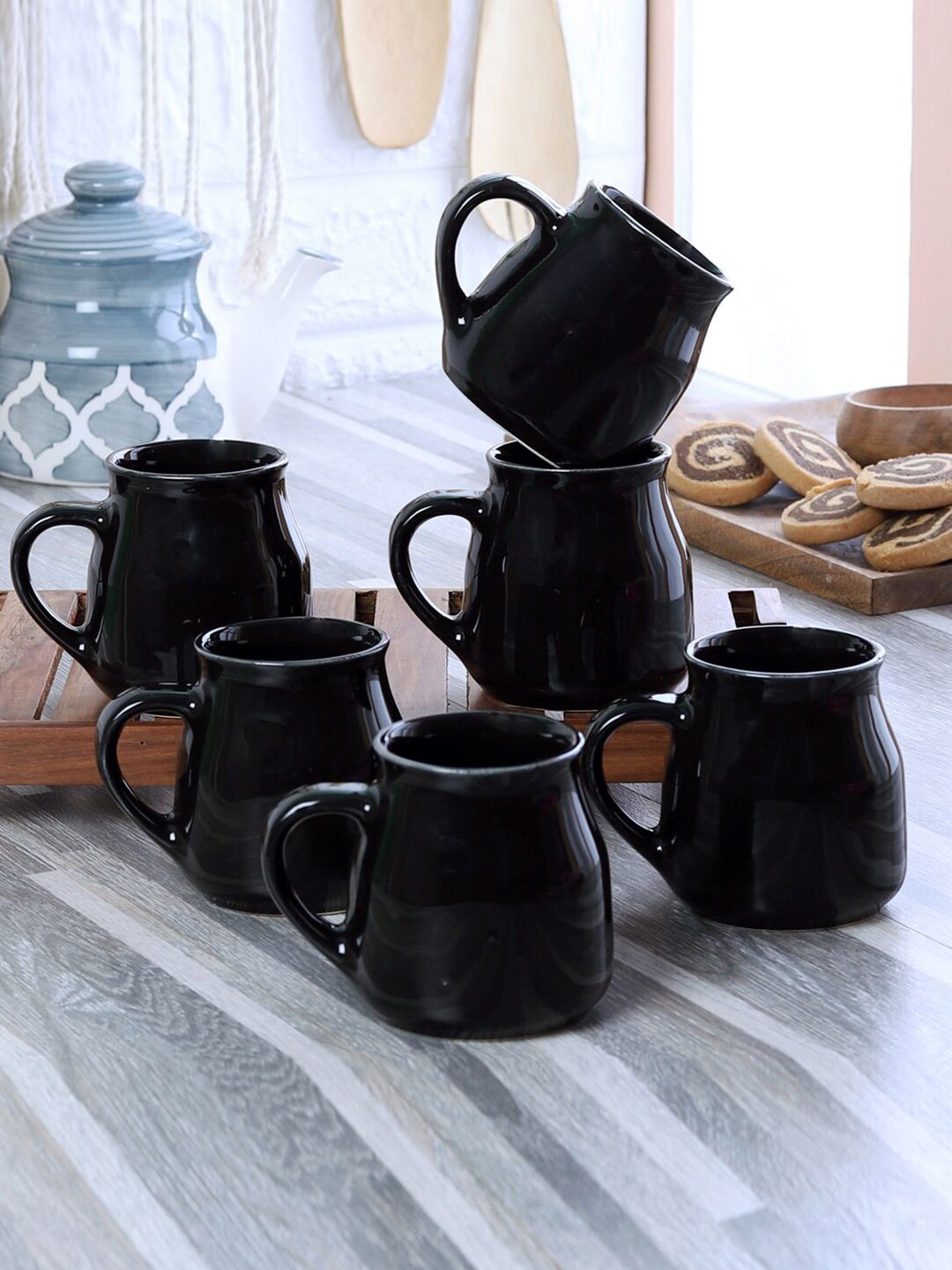CDI Set Of 6 Black Solid Ceramic Glossy Cups Price in India