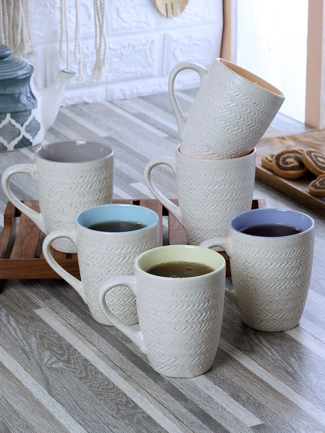 CDI Set of 6 White & Grey Textured Ceramic Matte Cups Price in India