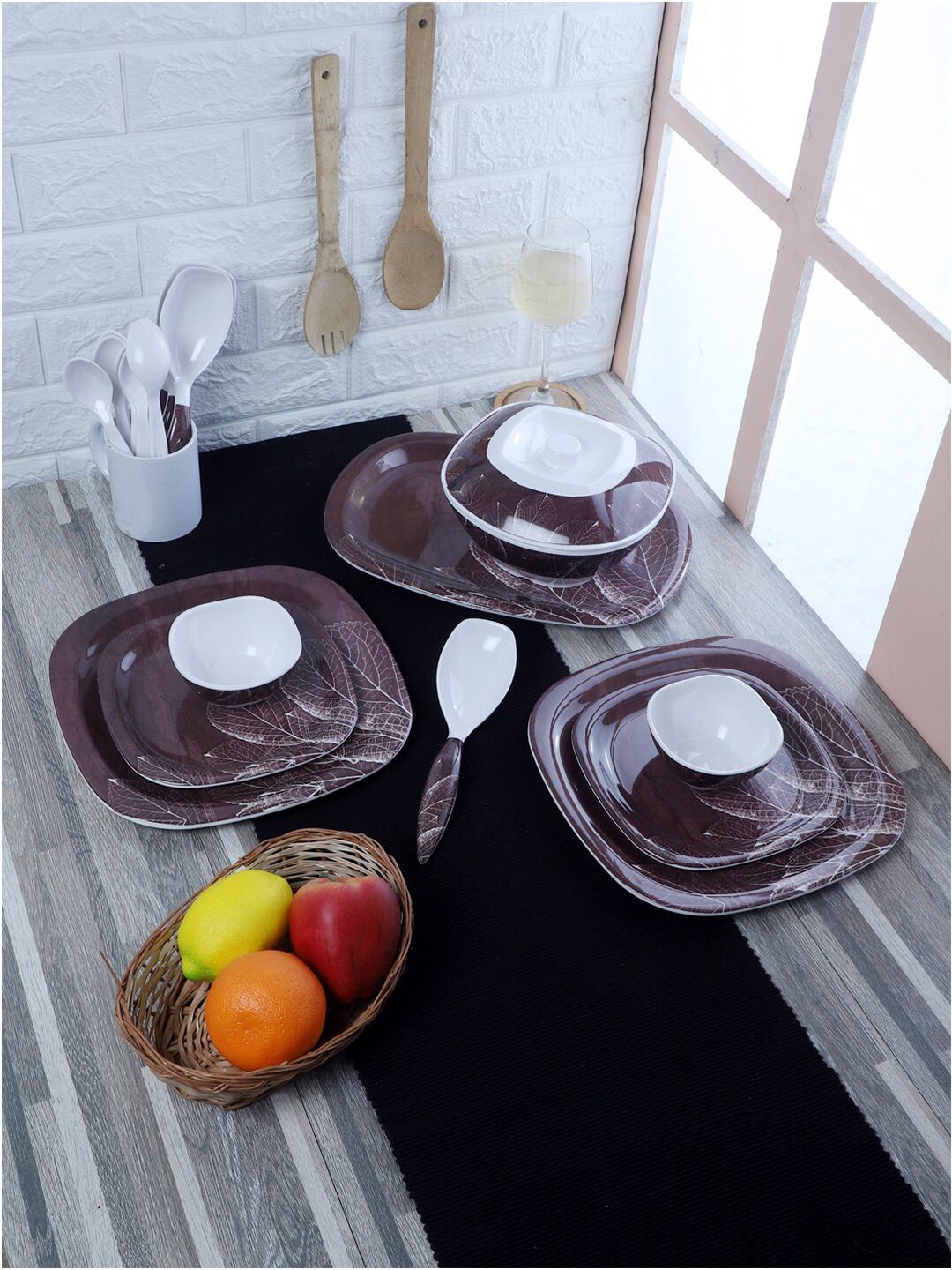 CDI Coffee Brown & White 40 Pieces Floral Printed Melamine Glossy Dinner Set Price in India
