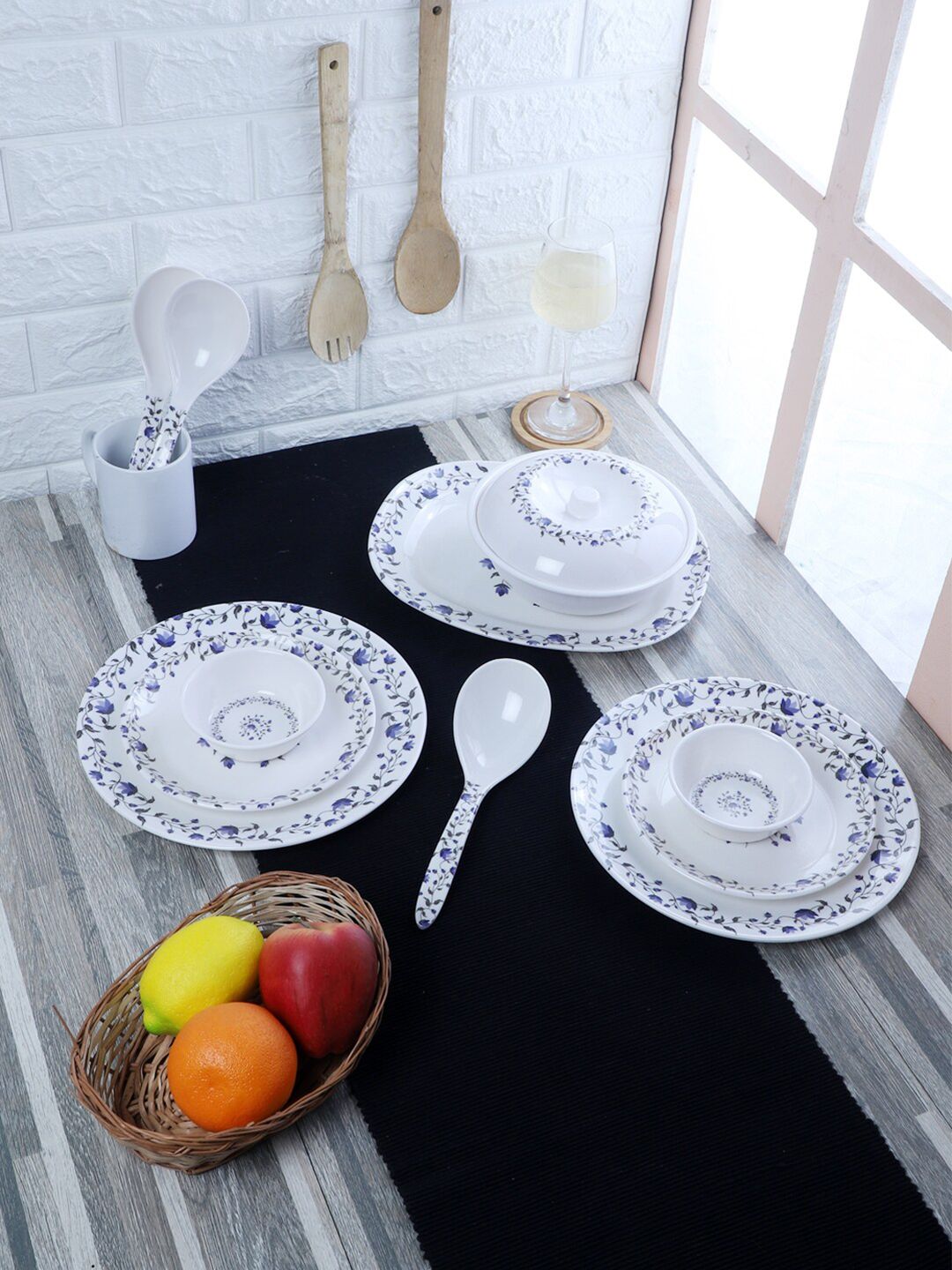 CDI White & Blue 33 Pieces Printed Melamine Glossy Dinner Set Price in India