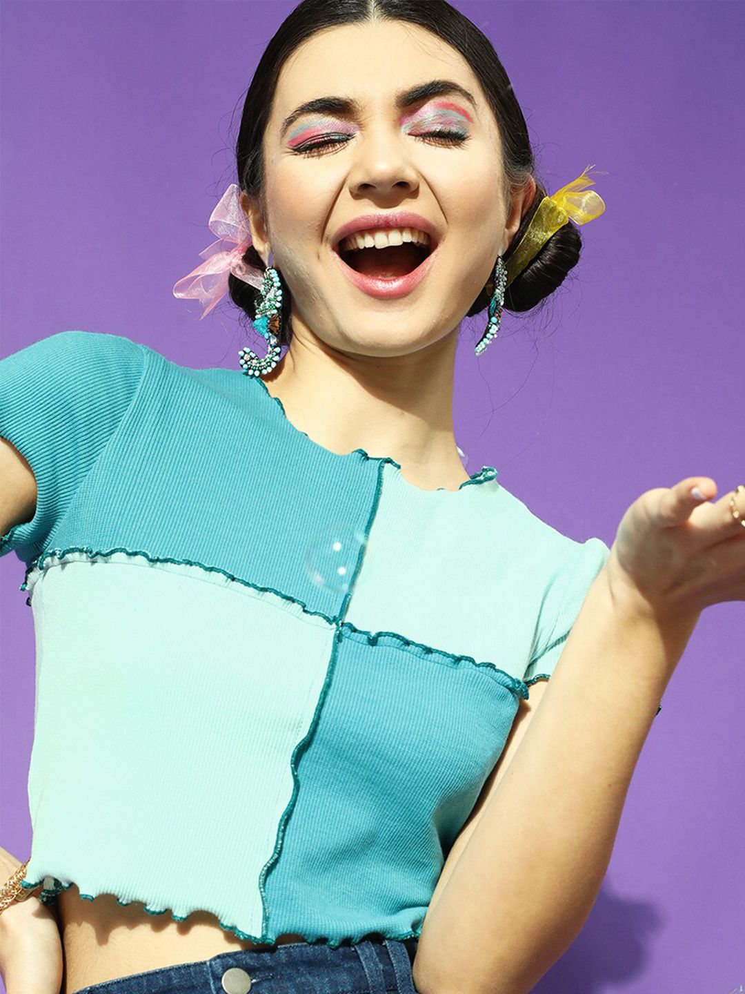 STREET 9 Women Enchanting Turquoise Blue Colourblocked Top