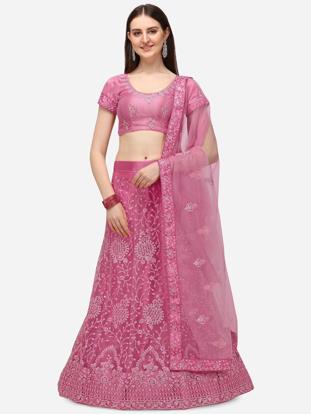 V SALES Pink Embroidered Sequinned Semi-Stitched Lehenga & Unstitched Blouse With Dupatta Price in India