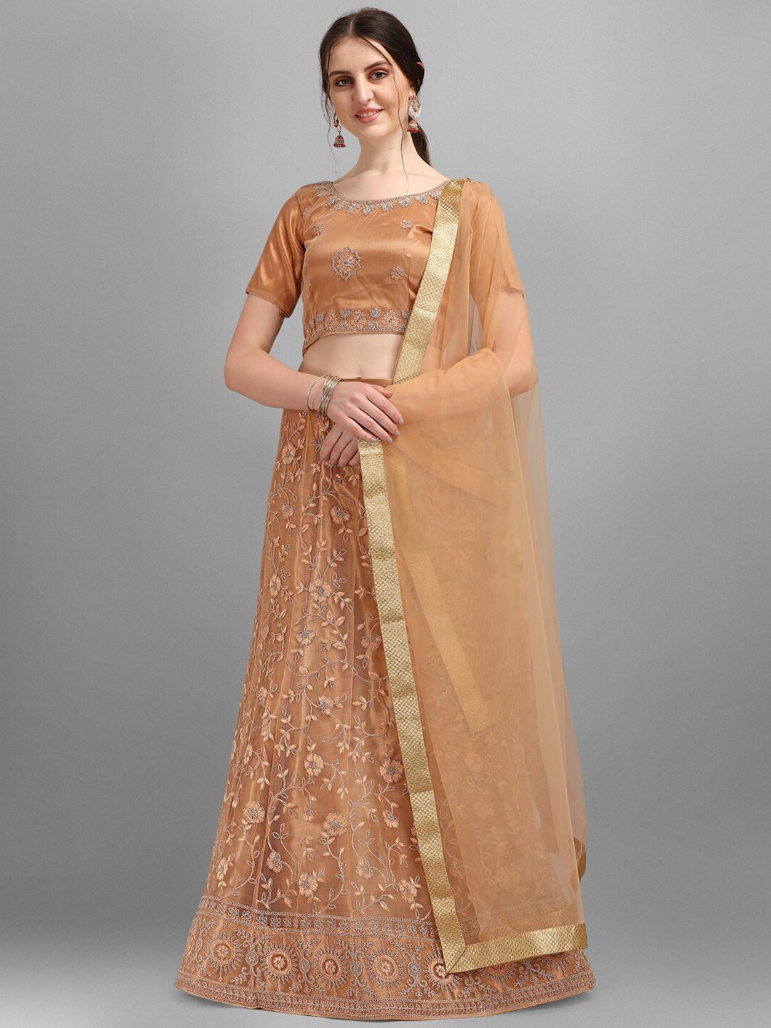 V SALES Peach-Coloured Embroidered Semi-Stitched Lehenga & Unstitched Blouse With Dupatta Price in India