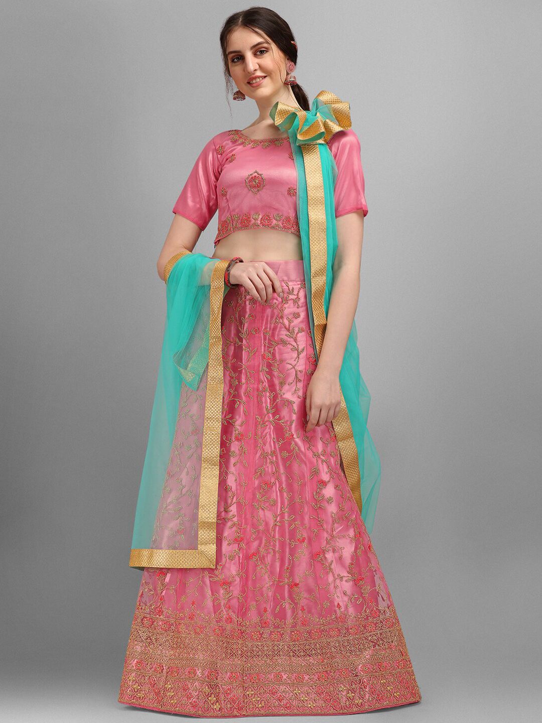 V SALES Pink & Sea Green Embroidered Semi-Stitched Lehenga & Unstitched Blouse With Dupatta Price in India