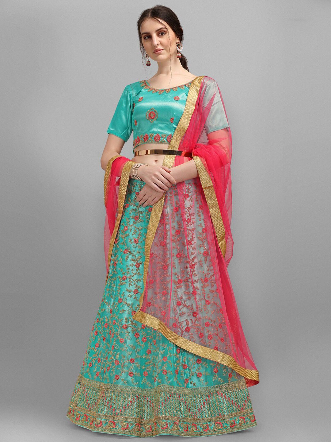 V SALES Turquoise Blue & Pink Embroidered Semi-Stitched Lehenga & Unstitched Blouse With Dupatta Price in India