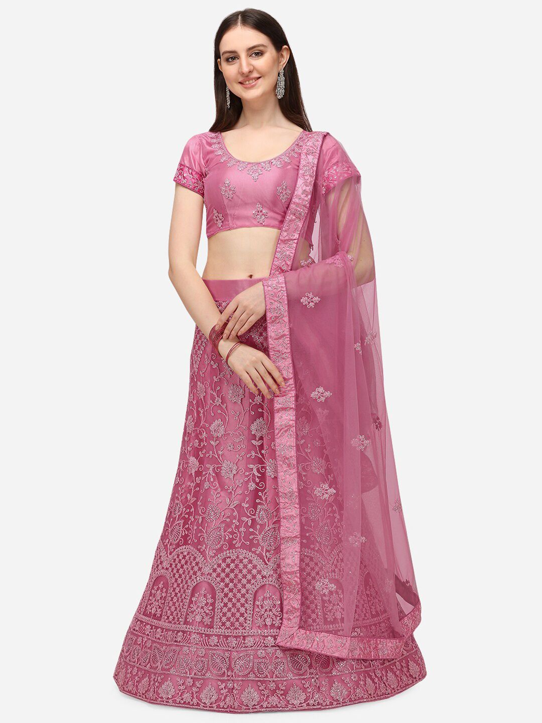 V SALES Pink Embroidered Sequinned Semi-Stitched Lehenga Choli Price in India