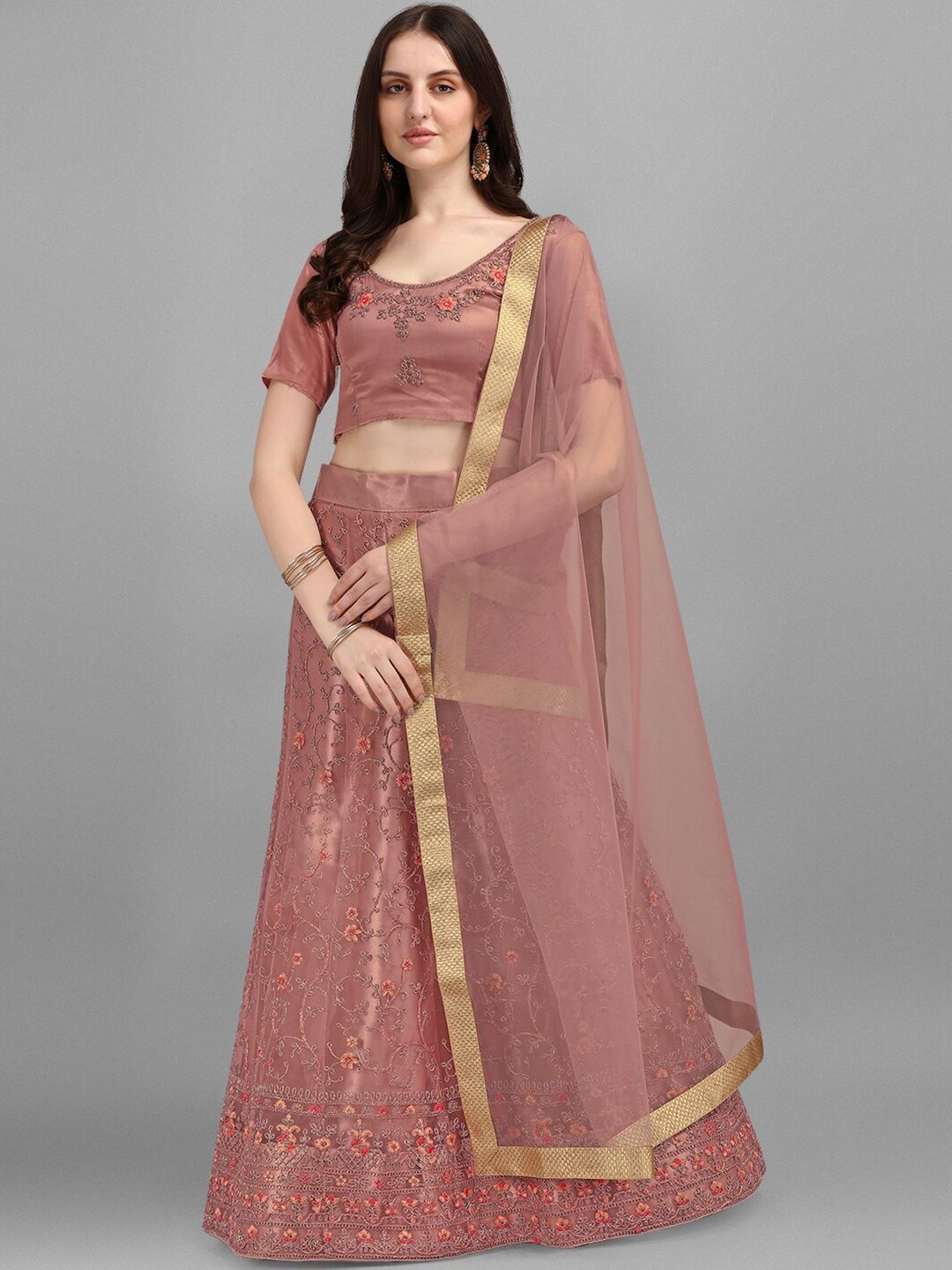 V SALES Brown & Red Embroidered Semi-Stitched Lehenga & Unstitched Blouse With Dupatta Price in India