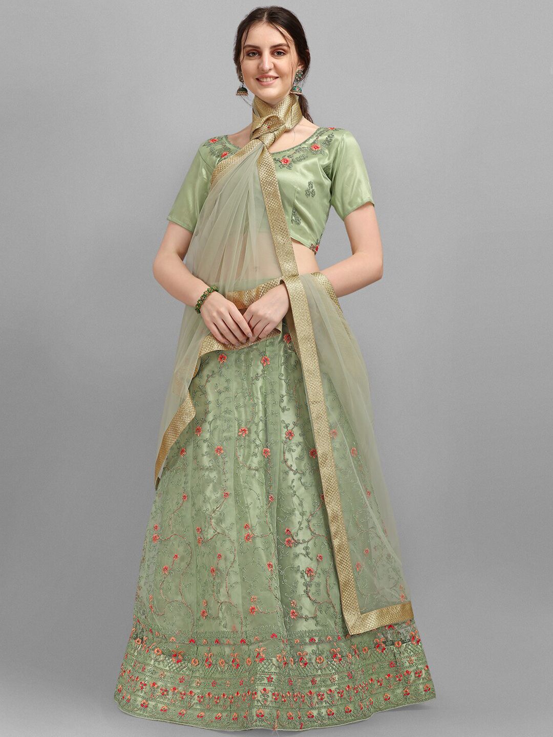 V SALES Women Green & Pink Embroidered Semi-Stitched Lehenga & Unstitched Blouse & Dupatta Price in India