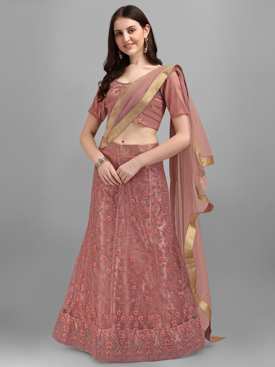 V SALES Brown & Gold-Toned Embroidered Semi-Stitched Lehenga & Unstitched Blouse With Dupatta Price in India