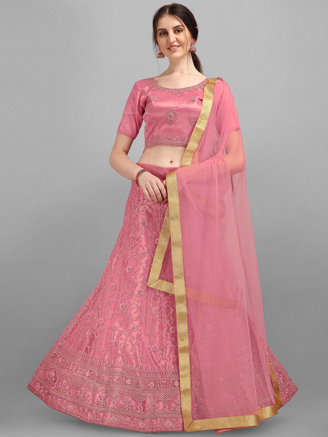 V SALES Pink & Gold-Toned Embroidered Semi-Stitched Lehenga & Unstitched Blouse With Dupatta Price in India