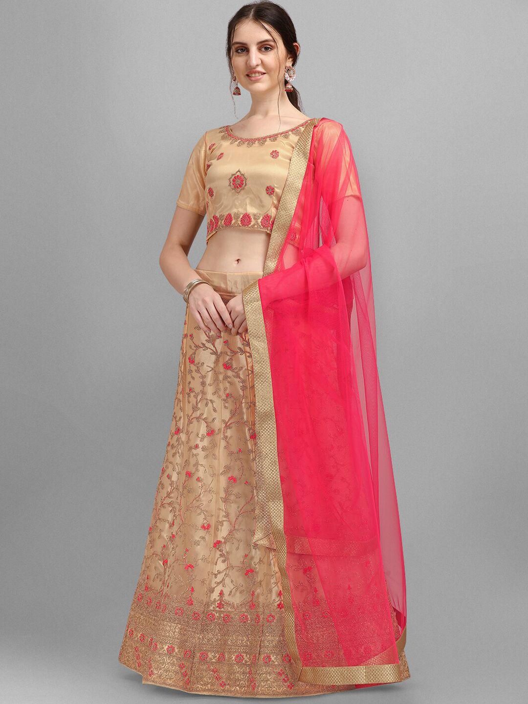 V SALES Beige & Pink Embroidered Semi-Stitched Lehenga & Unstitched Blouse With Dupatta Price in India