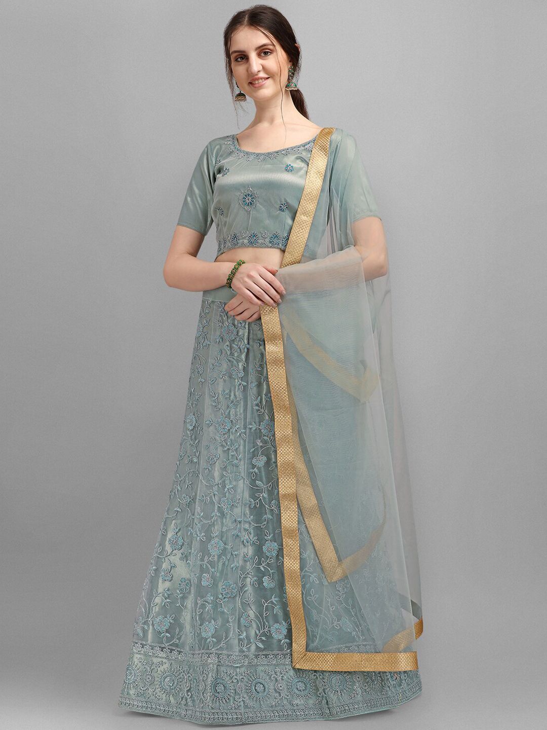 V SALES Sea Green & Gold-Toned Embroidered Semi-Stitched Lehenga & Unstitched Blouse With Dupatta Price in India