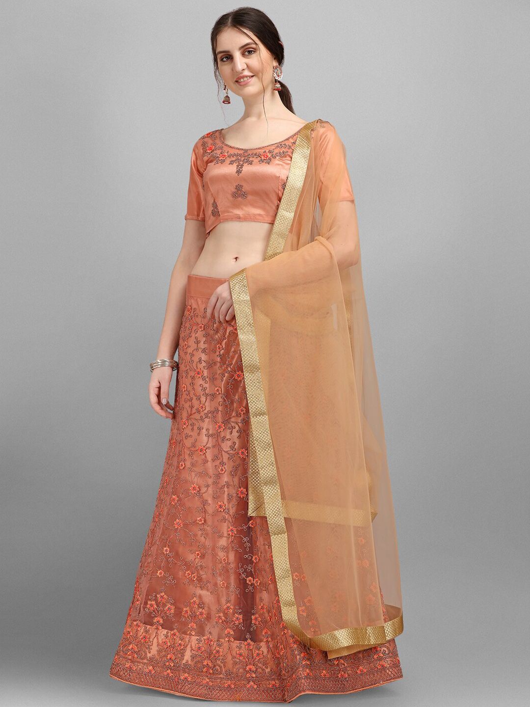 V SALES Peach & Gold Embroidered Semi-Stitched Lehenga & Unstitched Blouse With Dupatta Price in India