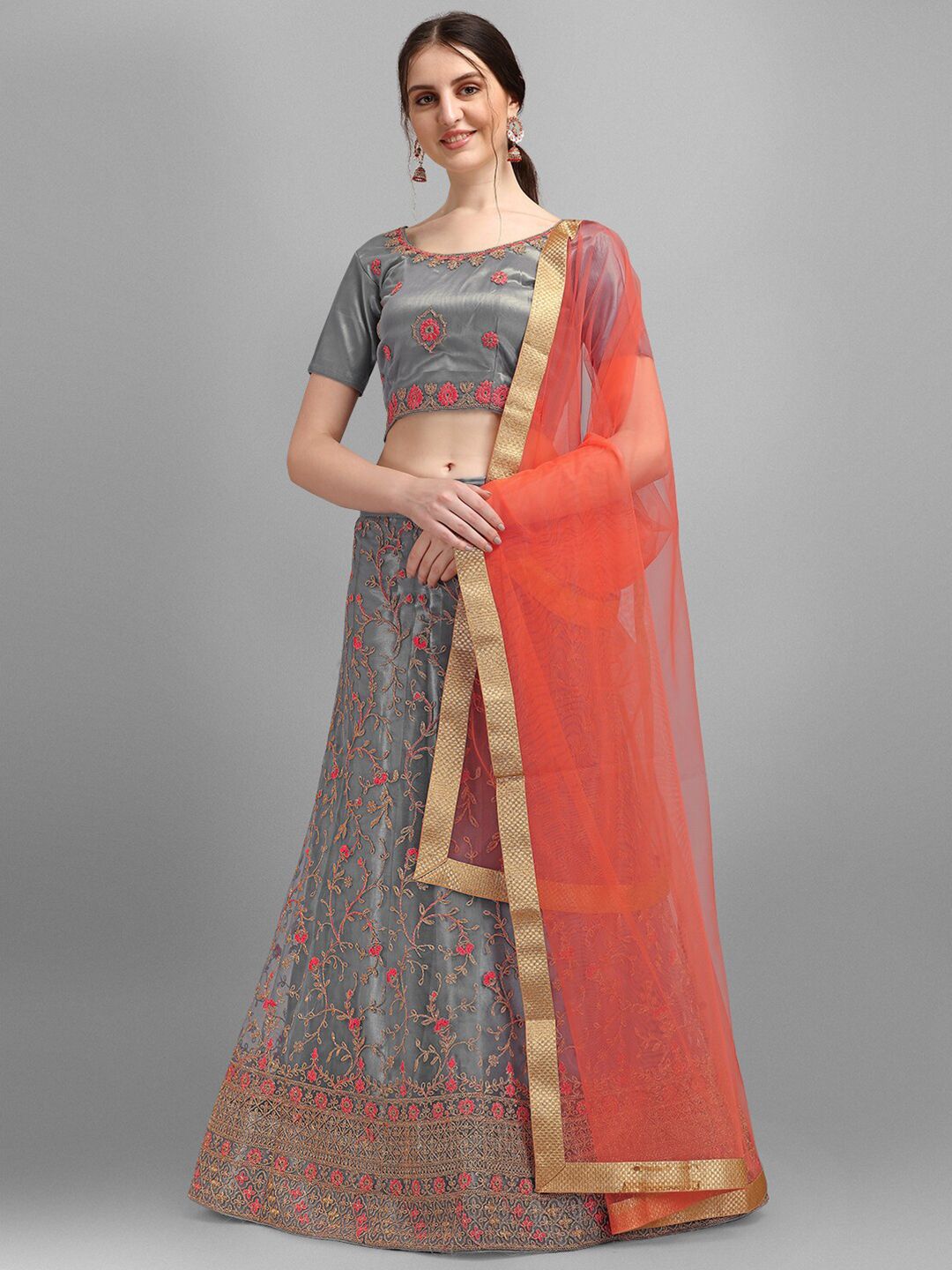 V SALES Grey & Coral Embroidered Semi-Stitched Lehenga Choli Price in India