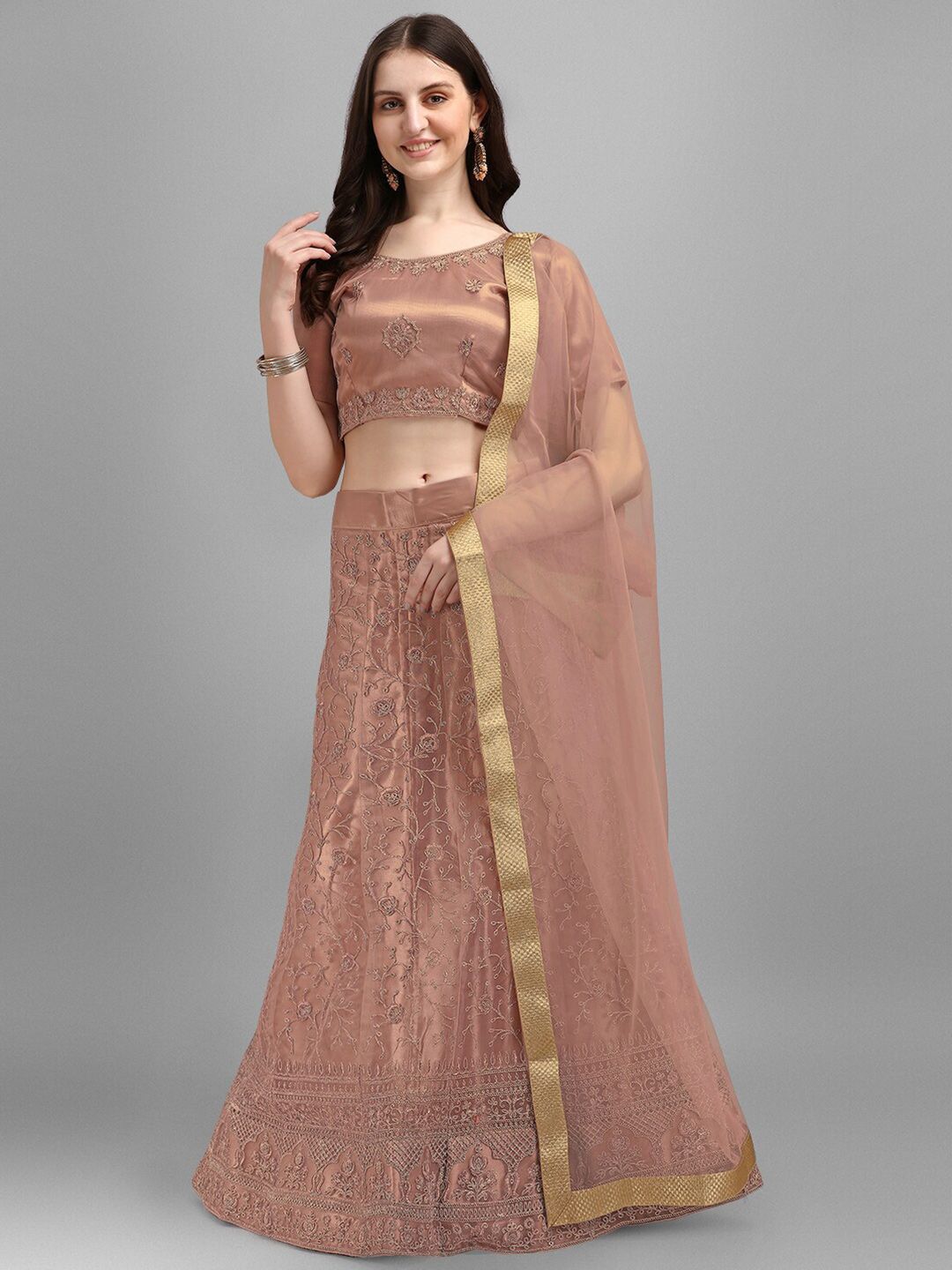 V SALES Brown & Gold-Toned Embroidered Semi-Stitched Lehenga & Unstitched Blouse With Dupatta Price in India