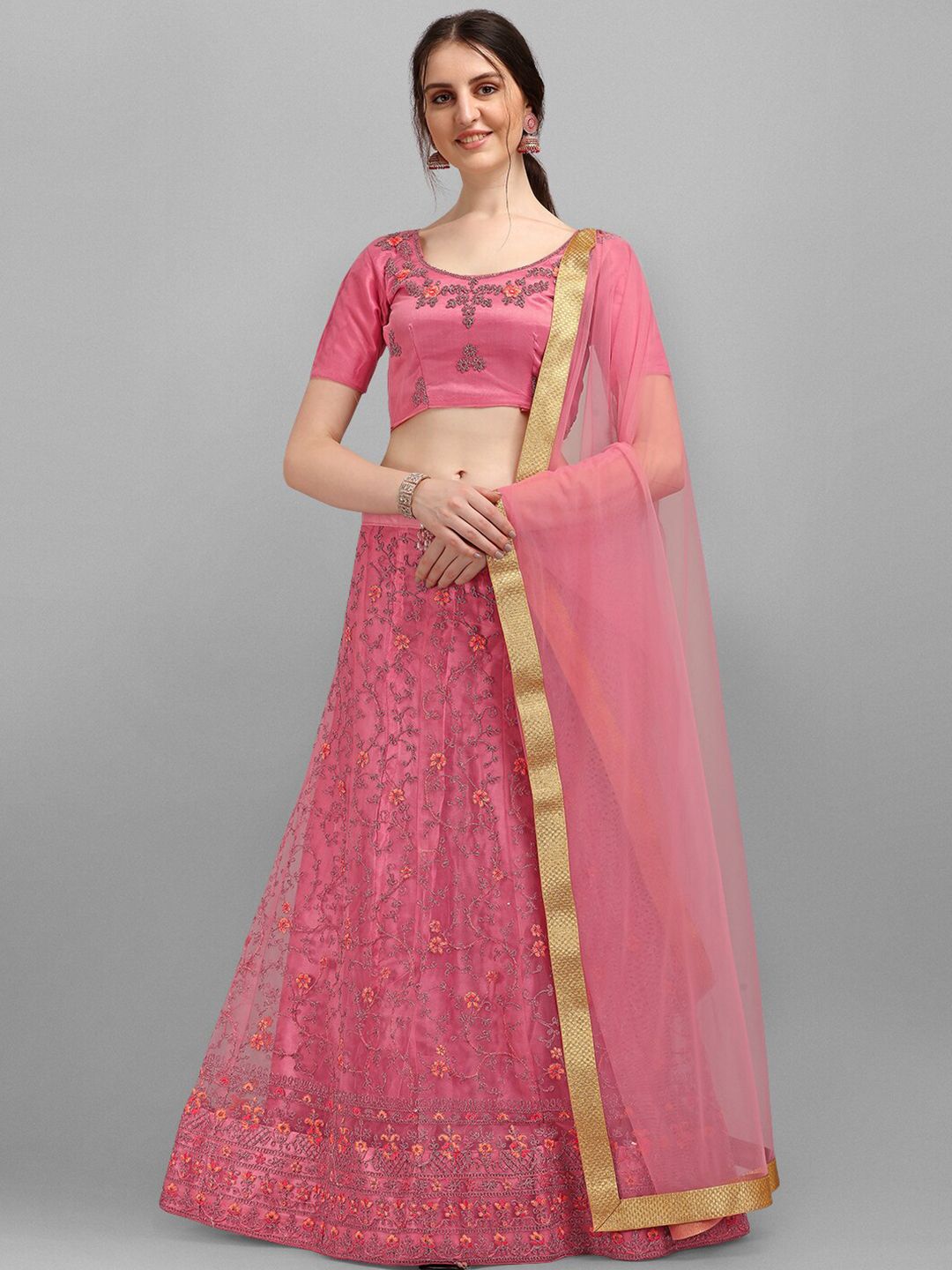 V SALES Pink & Gold-Toned Embroidered Semi-Stitched Lehenga Choli Price in India