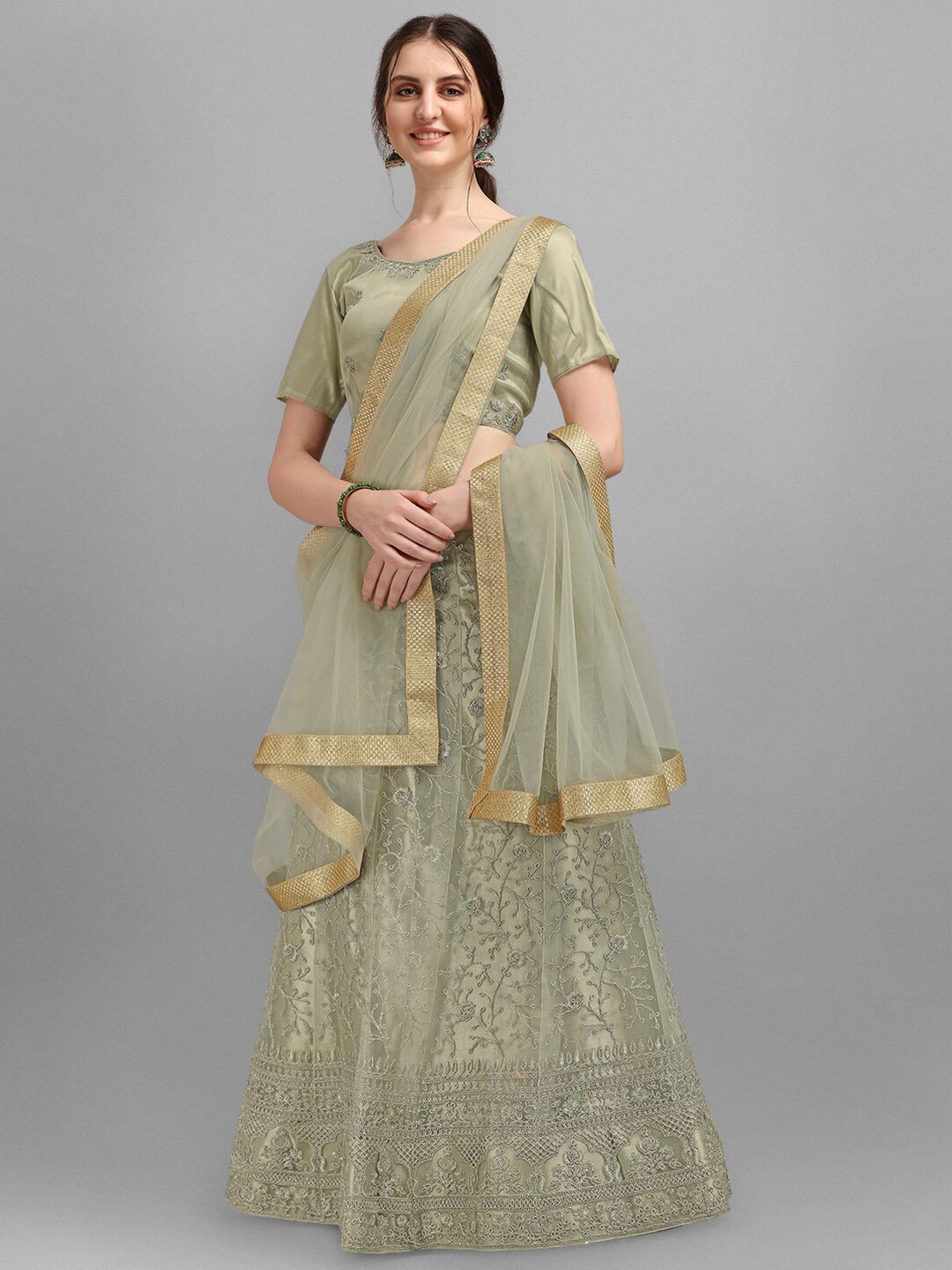 V SALES Green &Gold-Toned Embroidered Semi-Stitched Lehenga&Unstitched Blouse With Dupatta Price in India