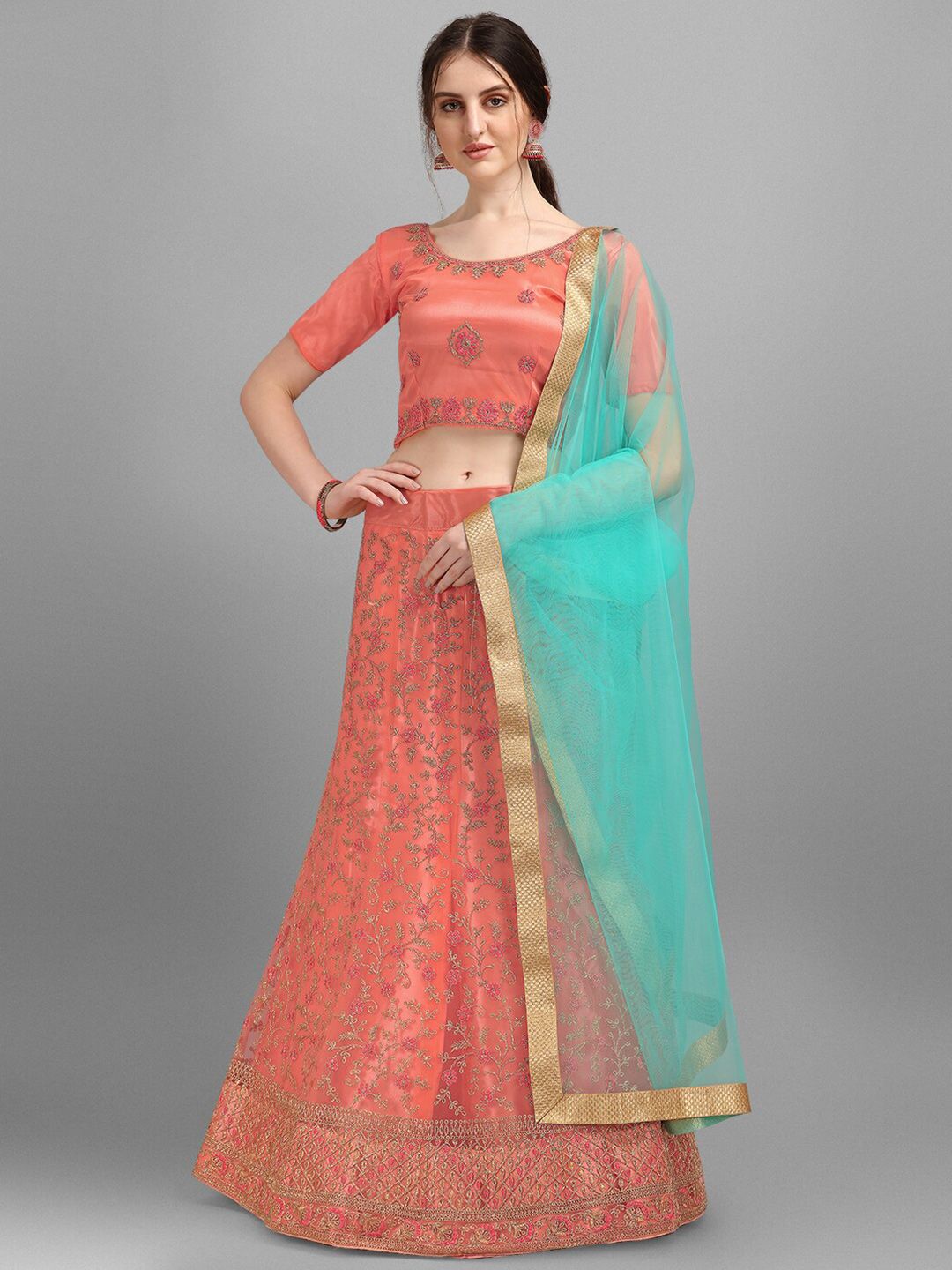 V SALES Peach-Coloured & Green Embroidered Semi-Stitched Lehenga & Unstitched Blouse With Dupatta Price in India