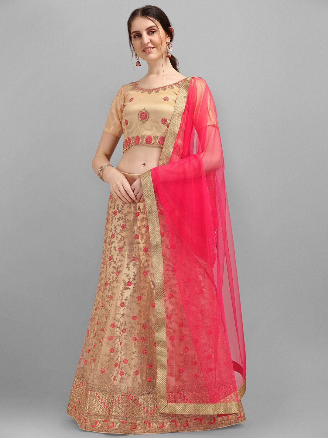 V SALES Beige & Coral Embroidered Semi-Stitched Lehenga & Unstitched Blouse With Dupatta Price in India