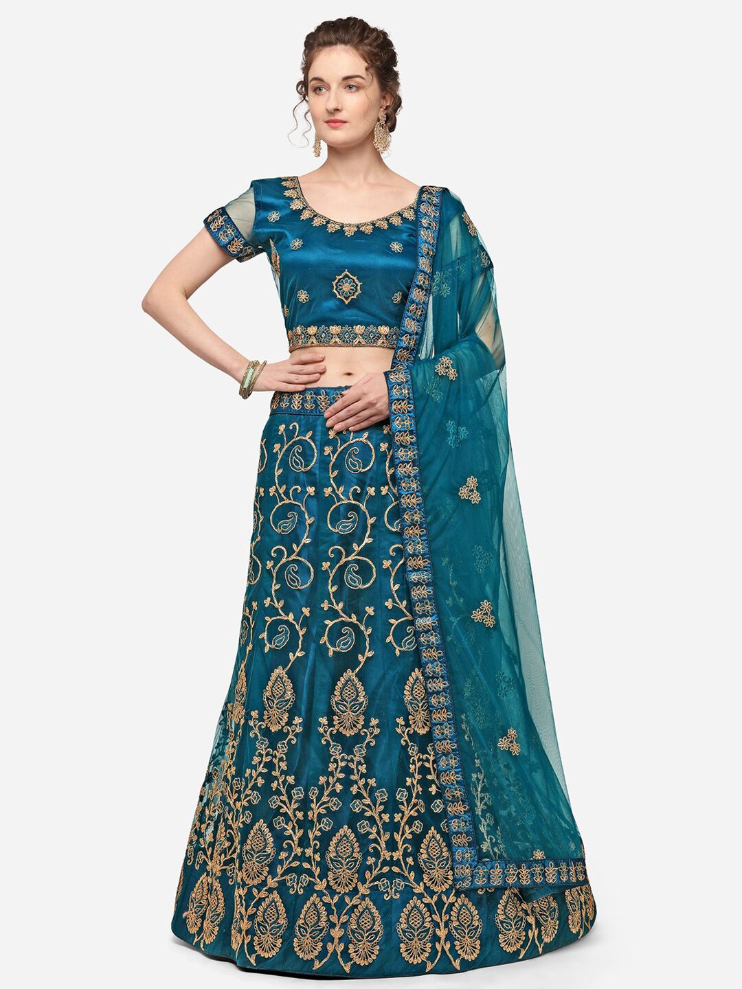 V SALES Teal & Gold-Toned Embroidered Semi-Stitched Lehenga & Unstitched Blouse With Dupatta Price in India