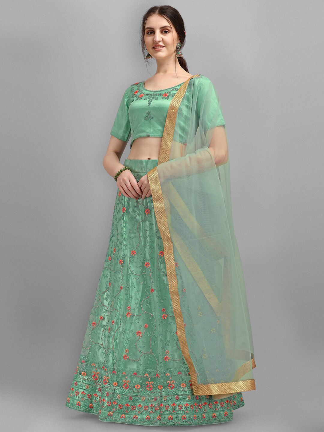 V SALES Sea Green & Gold-Toned Embroidered Semi-Stitched Lehenga & Unstitched Blouse With Dupatta Price in India