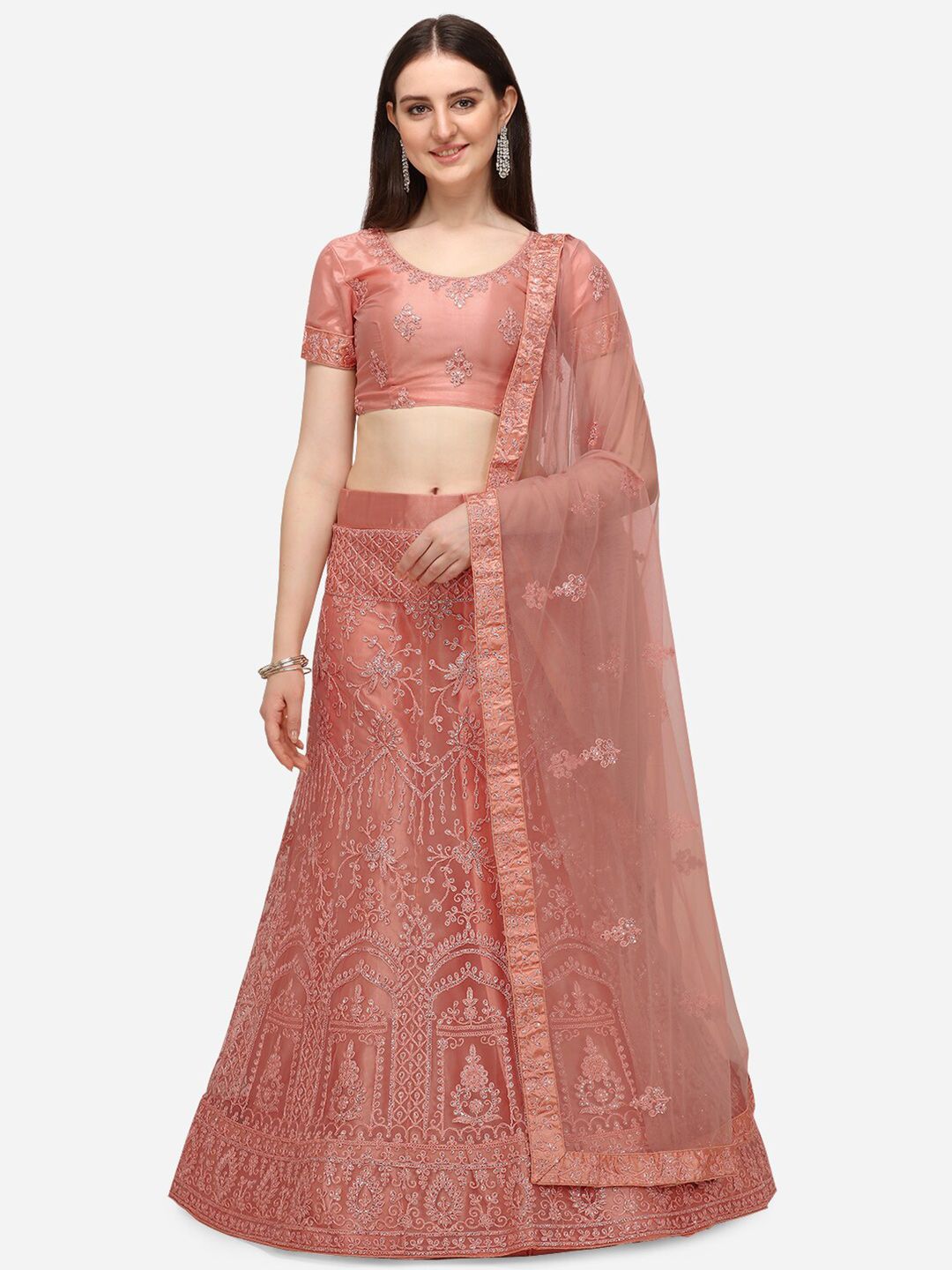 V SALES Peach Embroidered Sequinned Semi-Stitched Lehenga & Unstitched Blouse With Dupatta Price in India