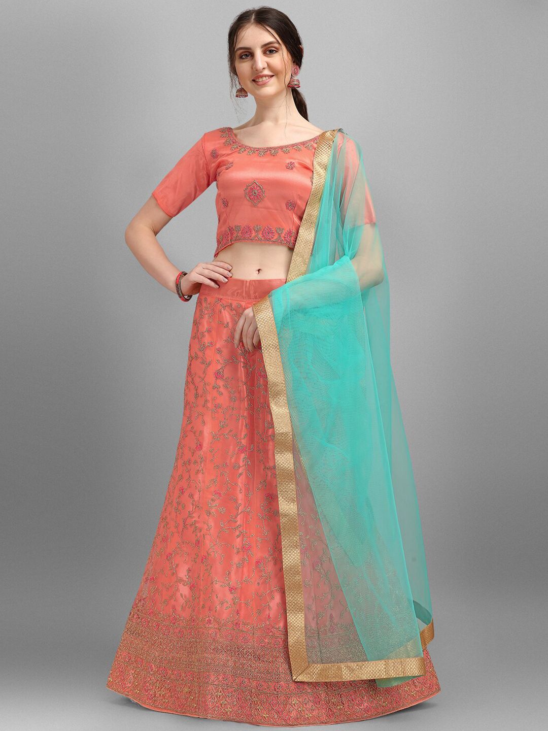 V SALES Peach-Coloured & Turquoise Blue Embroidered Semi-Stitched Lehenga Choli Price in India