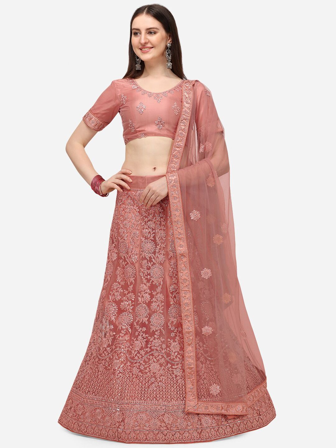 V SALES Peach-Coloured & Silver-Toned Embroidered Sequinned Semi-Stitched Lehenga & Unstitched Blouse With Price in India