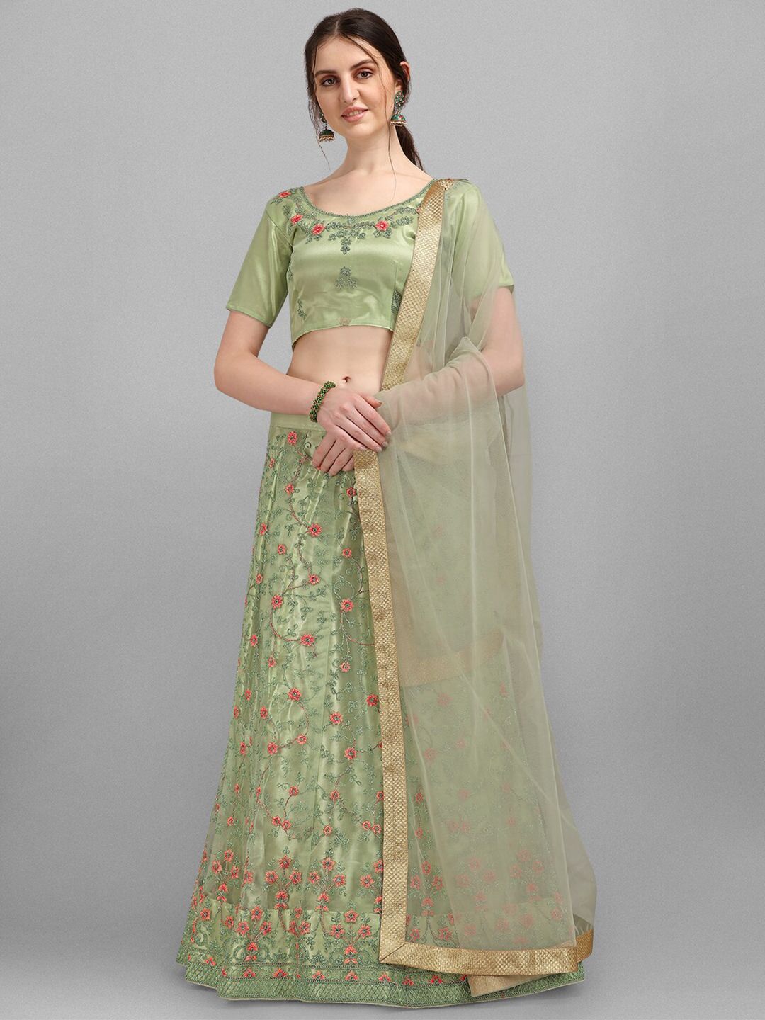 V SALES Olive Green & Gold-Toned Embroidered Semi-Stitched Lehenga Choli Price in India