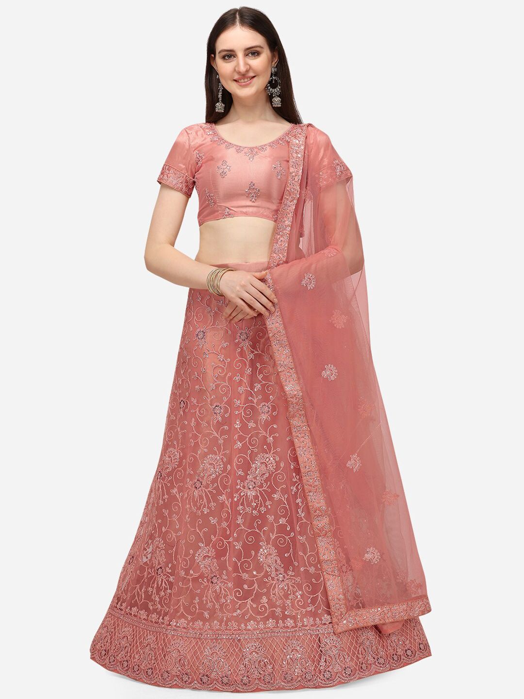 V SALES Peach-Coloured Embellished Sequinned Semi-Stitched Lehenga & Unstitched Blouse With Dupatta Price in India