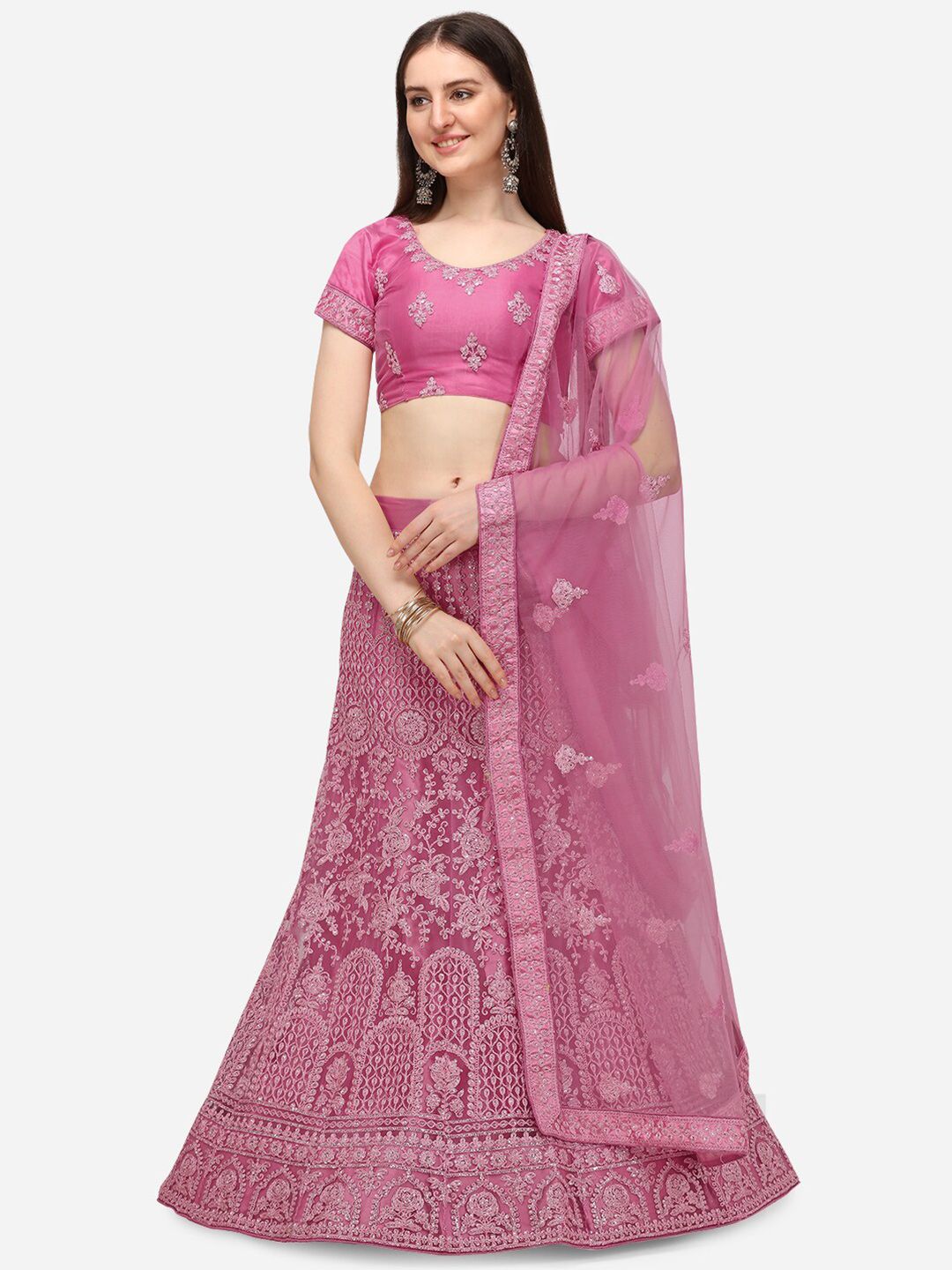 V SALES Pink Embroidered Sequinned Semi-Stitched Lehenga & Unstitched Blouse With Dupatta Price in India