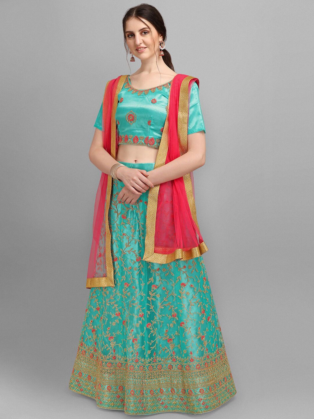 V SALES Turquoise Blue & Pink Embroidered Semi-Stitched Lehenga & Unstitched Blouse With Dupatta Price in India