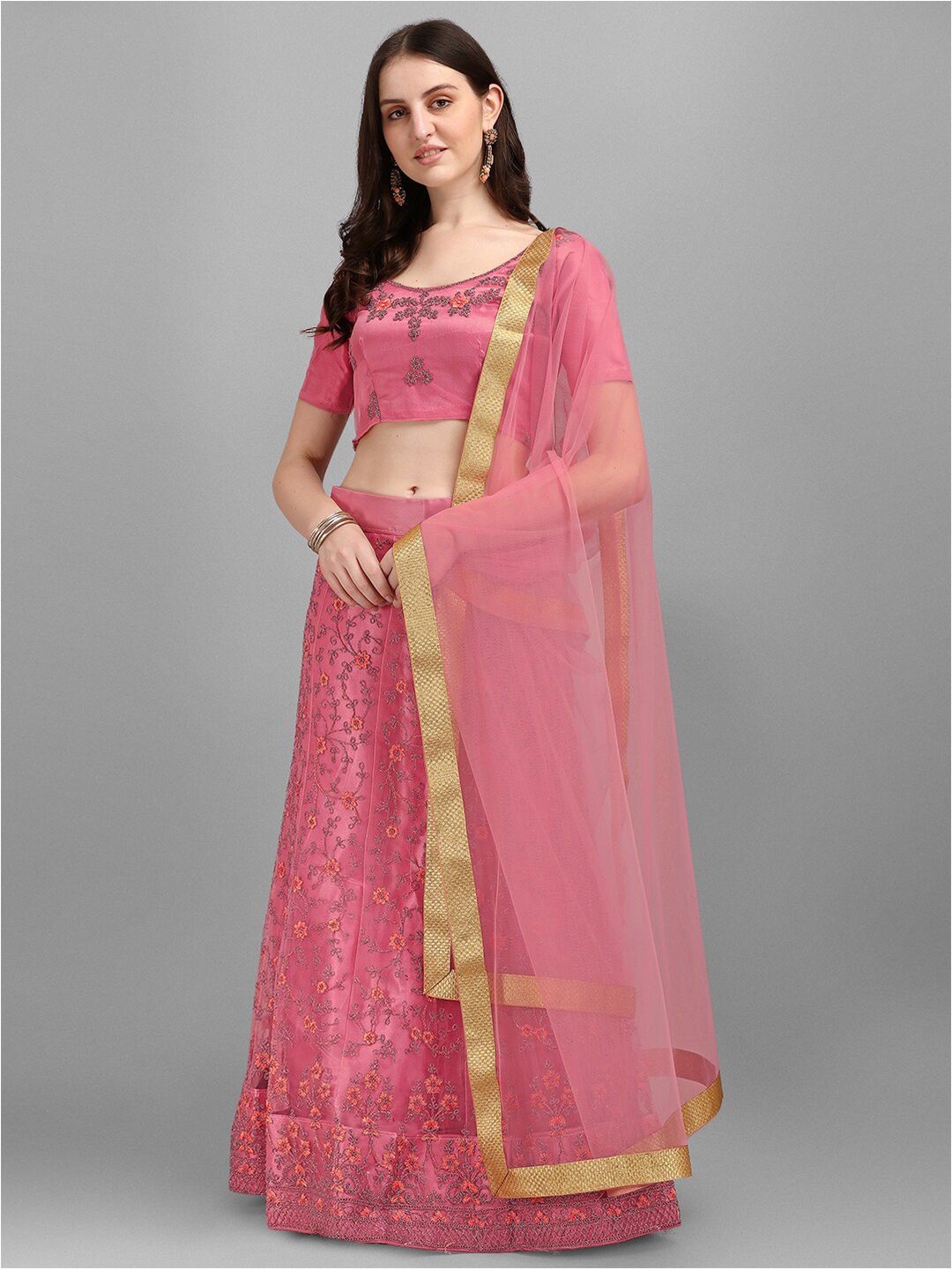 V SALES Pink & Gold-Toned Embroidered Semi-Stitched Lehenga & Unstitched Blouse With Dupatta Price in India