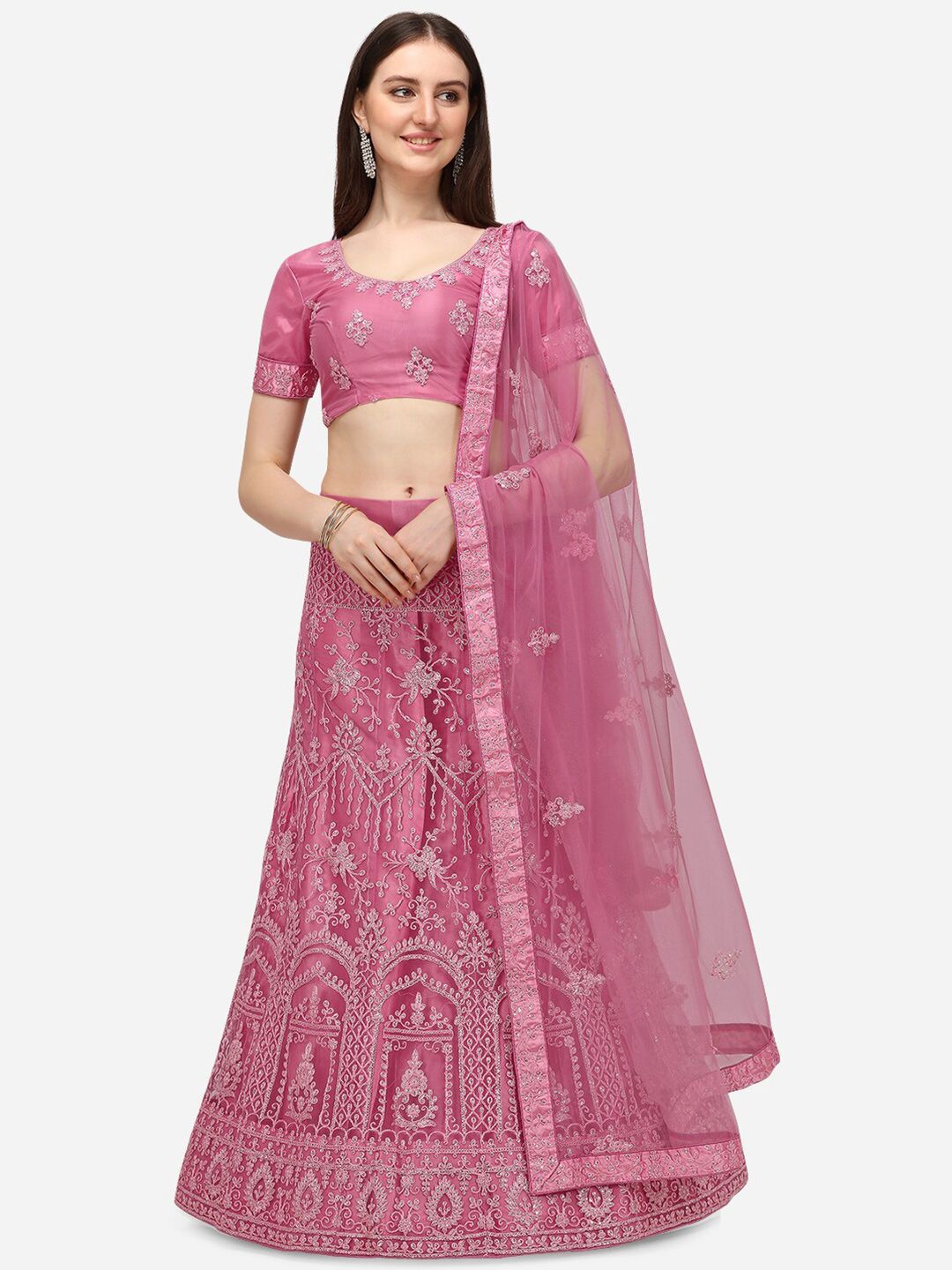 V SALES Pink Embroidered Sequinned Semi-Stitched Lehenga & Unstitched Blouse With Dupatta Price in India