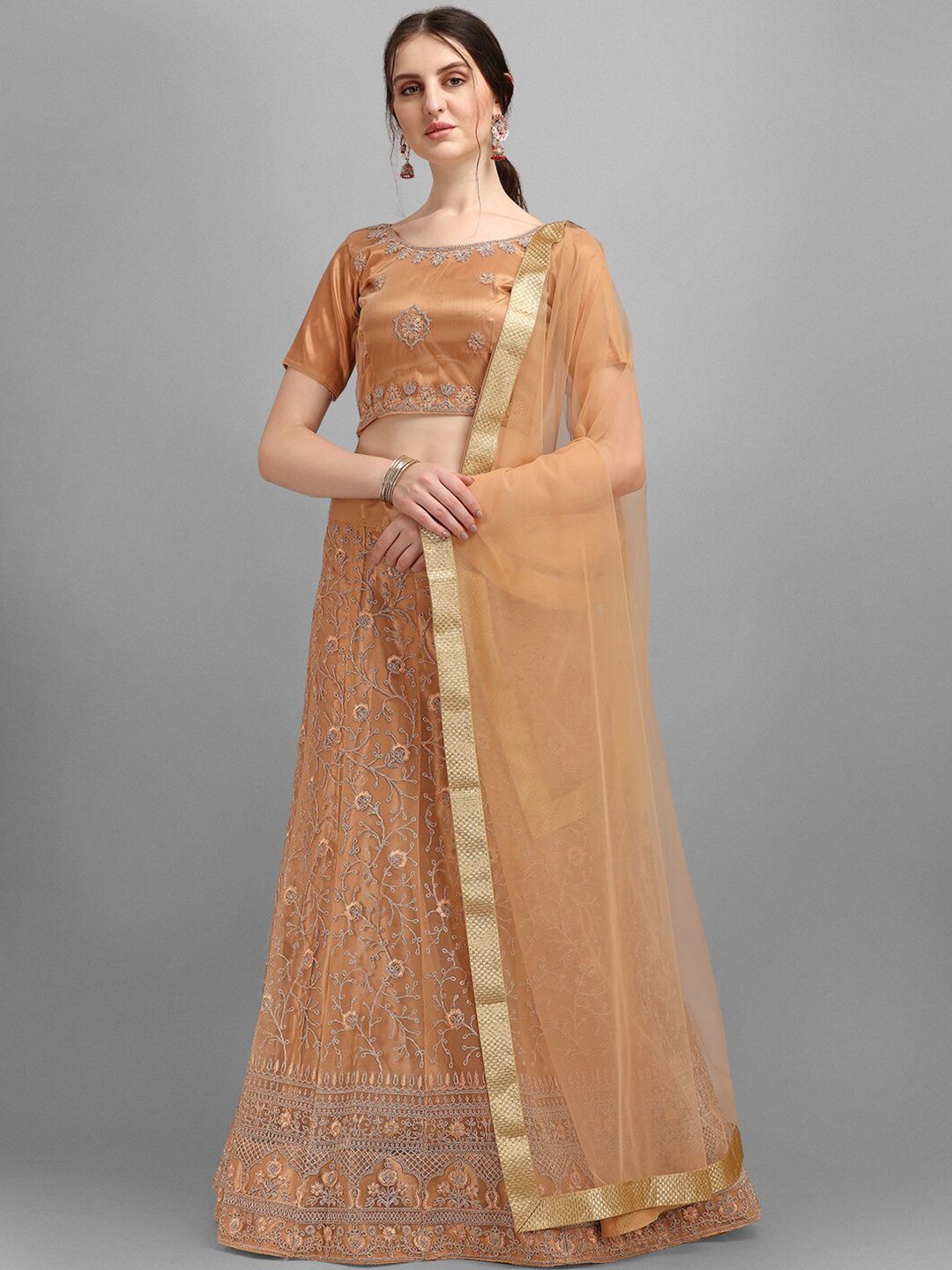 V SALES Peach & Gold Embroidered Semi-Stitched Lehenga & Unstitched Blouse With Dupatta Price in India