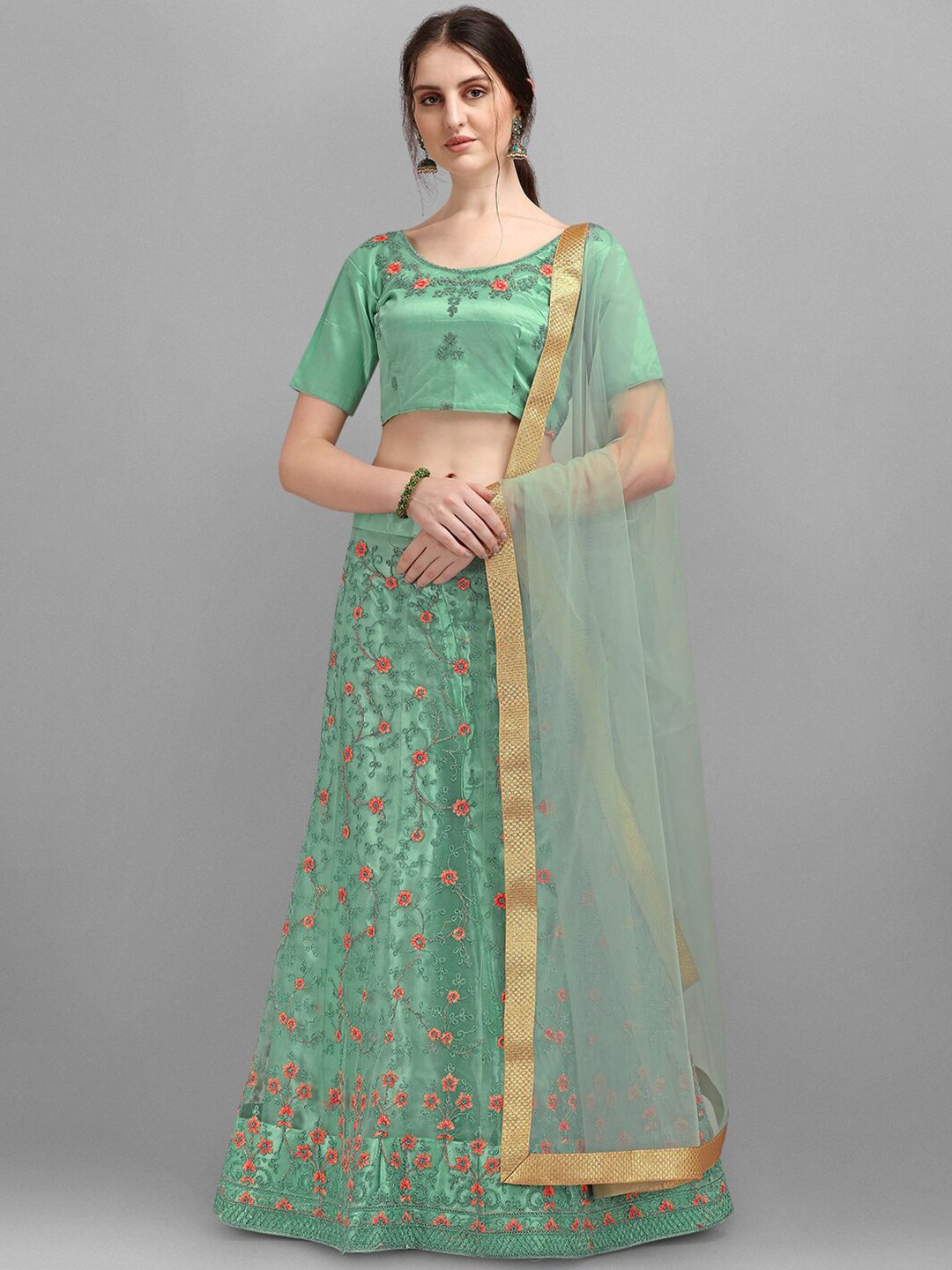 V SALES Sea Green & Gold-Toned Embroidered Semi-Stitched Lehenga Choli Price in India