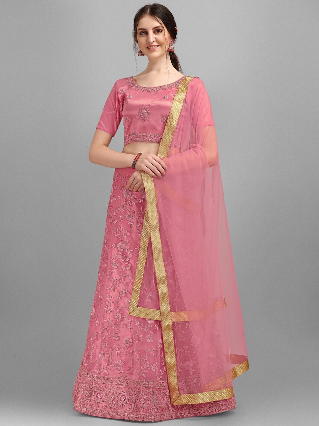 V SALES Pink & Gold-Toned Embroidered Semi-Stitched Lehenga Choli Price in India