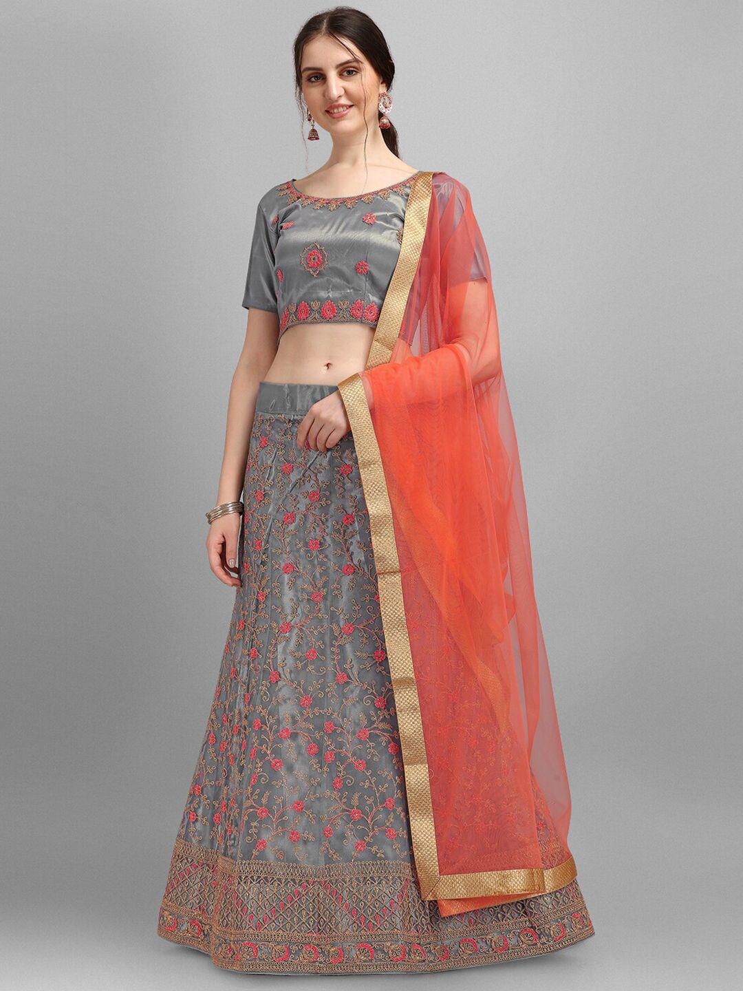 V SALES Grey & Orange Embellished Semi-Stitched Lehenga & Unstitched Blouse With Dupatta Price in India