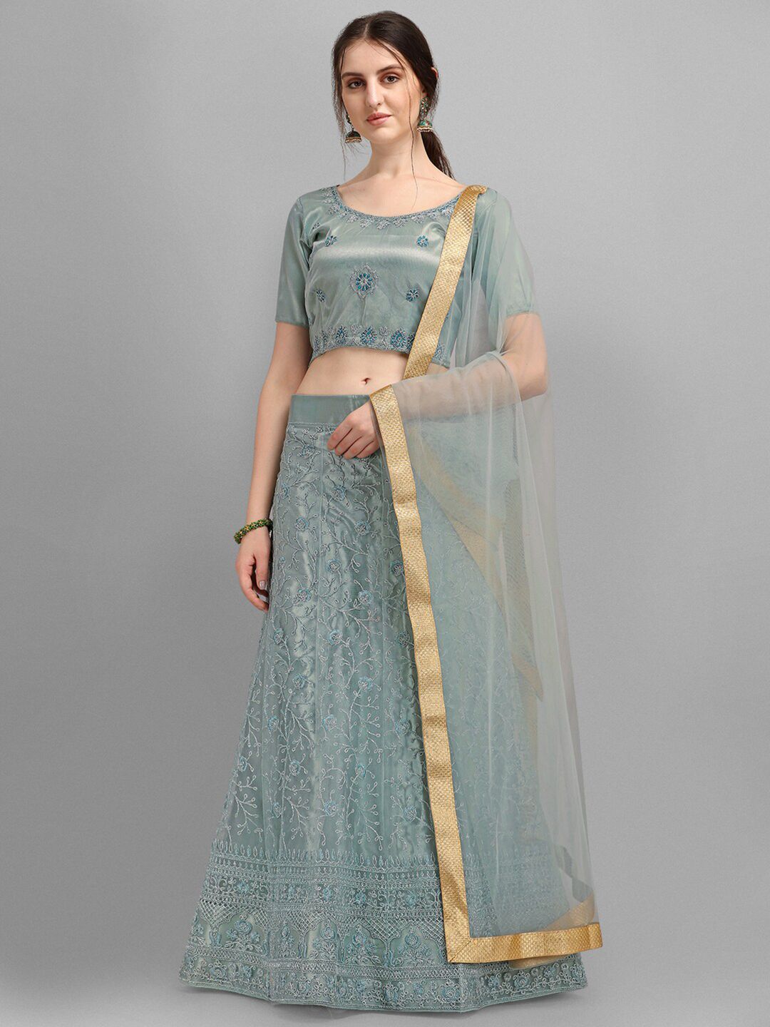 V SALES Sea Green & Gold-Toned Embroidered Semi-Stitched Lehenga & Unstitched Blouse With Dupatta Price in India