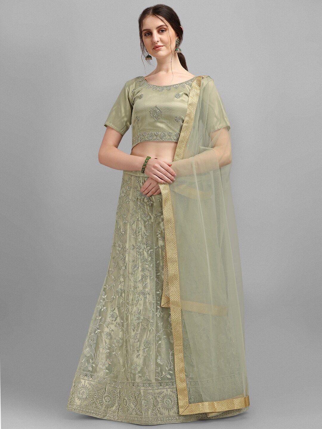 V SALES Olive Green & Gold-Toned Embroidered Semi-Stitched Lehenga & Unstitched Blouse With Dupatta Price in India