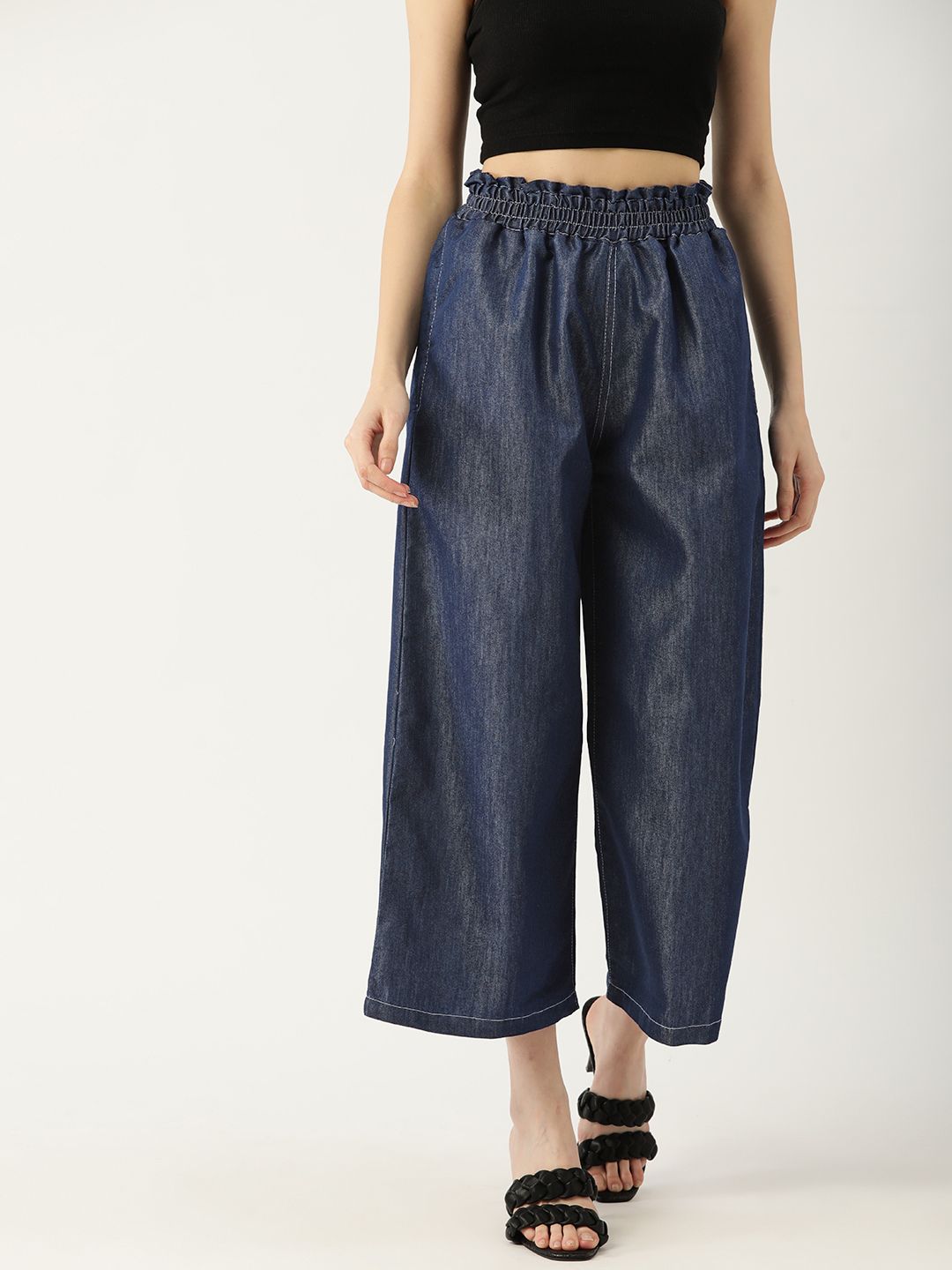 Quinoa Women Navy Blue Cotton Flared Trousers Price in India