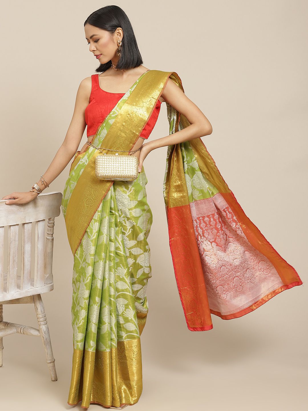 Silk Land Green & Red Floral Zari Pure Silk Ikat Saree