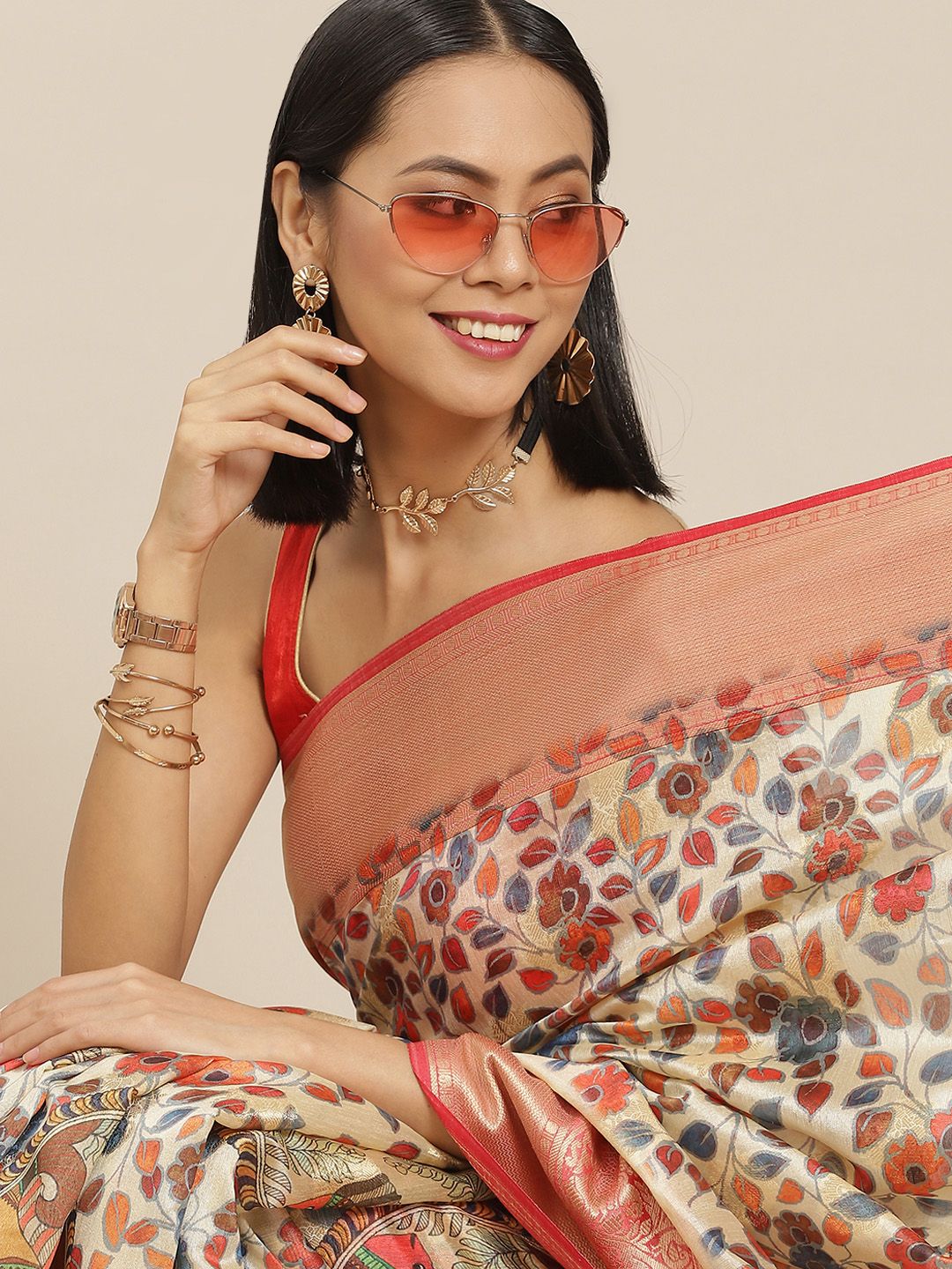 Silk Land Beige & Red Ethnic Motifs Zari Pure Silk Kanjeevaram Saree