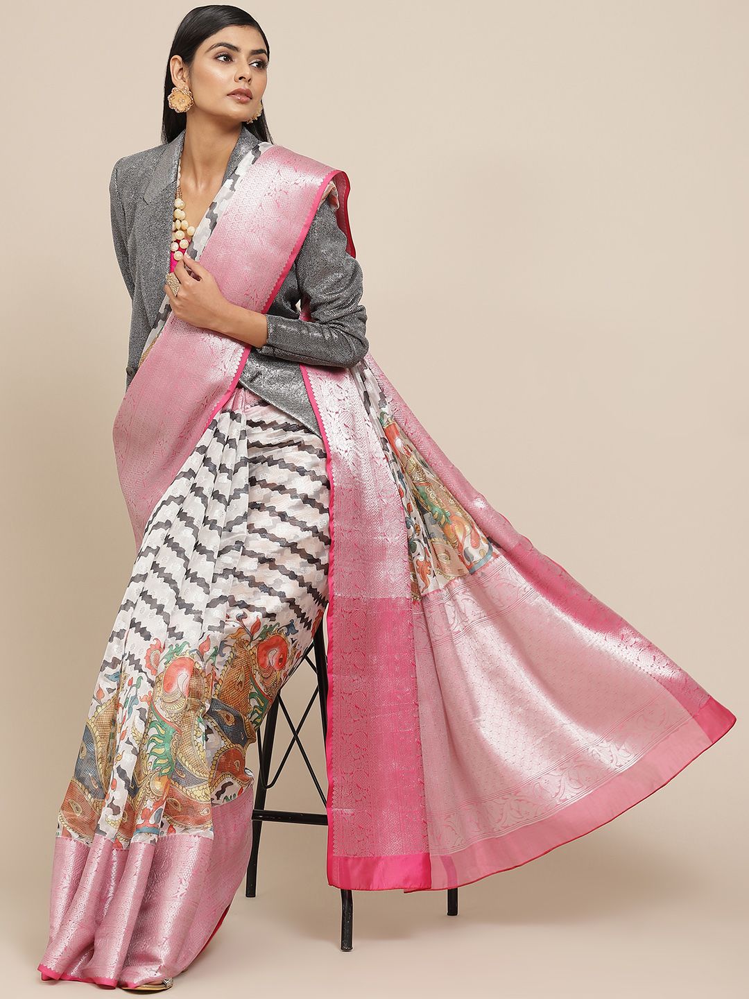 Silk Land White & Blue Zari Pure Silk Kanjeevaram Saree
