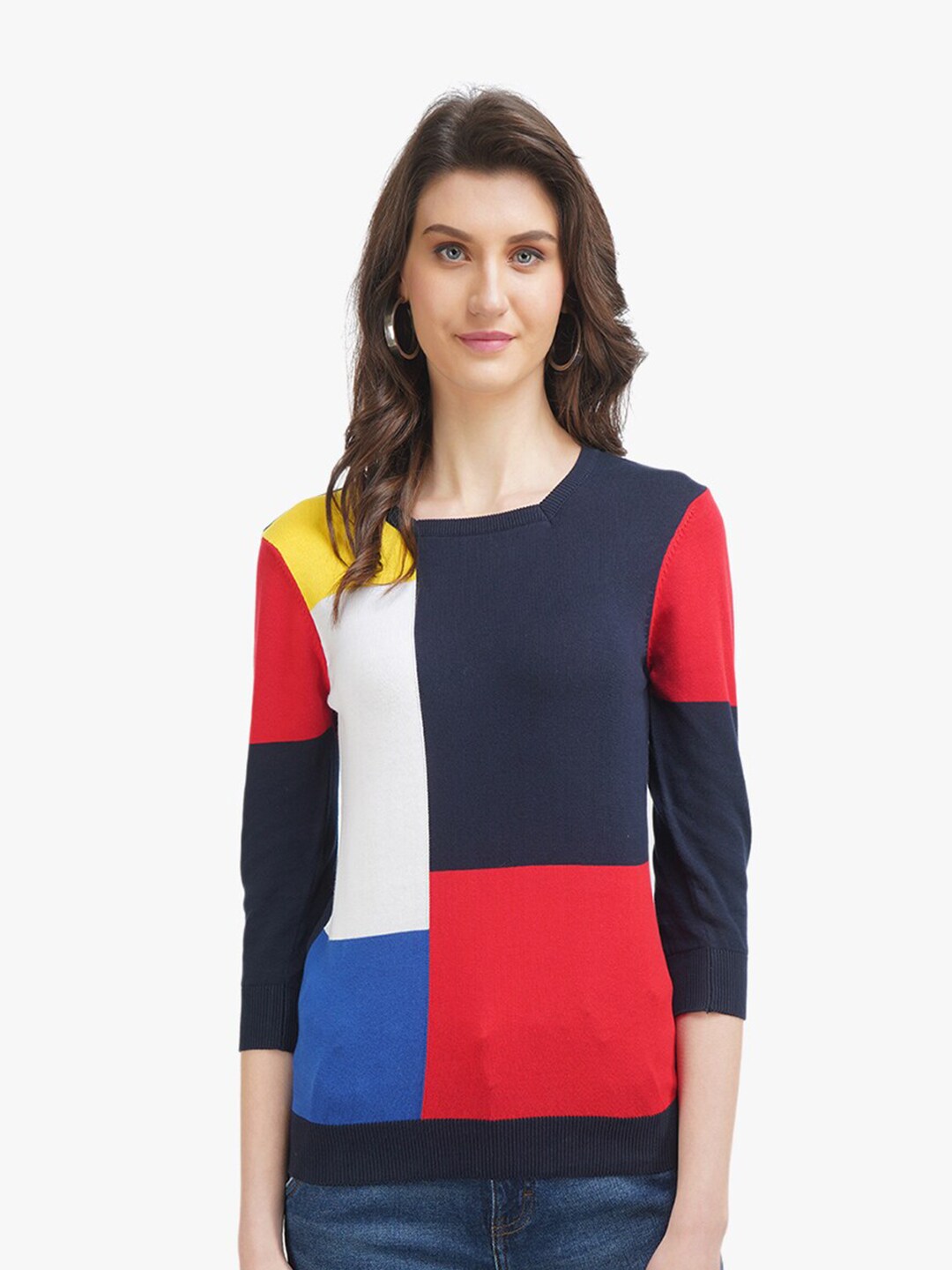 United Colors of Benetton Women Blue & White Colourblocked Pullover Sweaters Price in India
