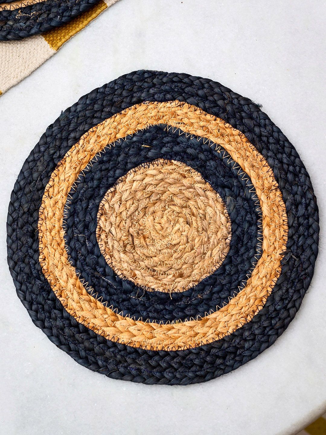 JASMEY HOMES Navy Blue & Beige Set of 6 Round Jute Table Placemat Price in India