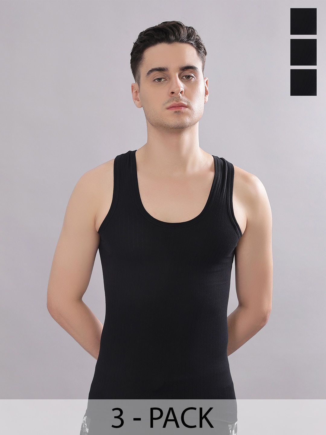 Dollar Bigboss Men Solid Pack of 3 Black Cotton Magic Rib Regular Fit Casual Vest