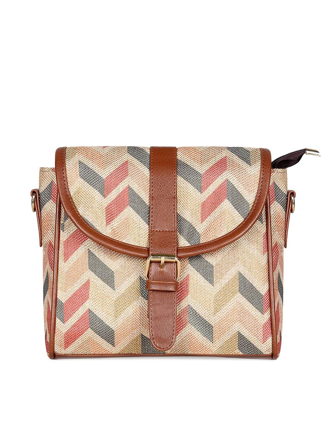 THE CLOWNFISH Beige Geometric Printed Structured Sling Bag Price in India