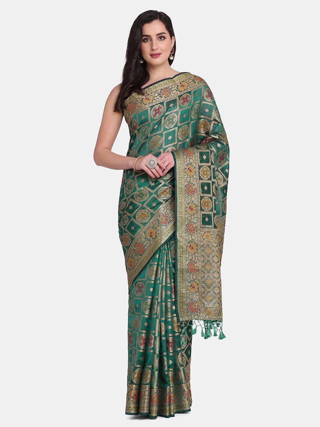 BOMBAY SELECTIONS Green & Gold-Toned Woven Design Zari Pure Silk Banarasi Saree Price in India